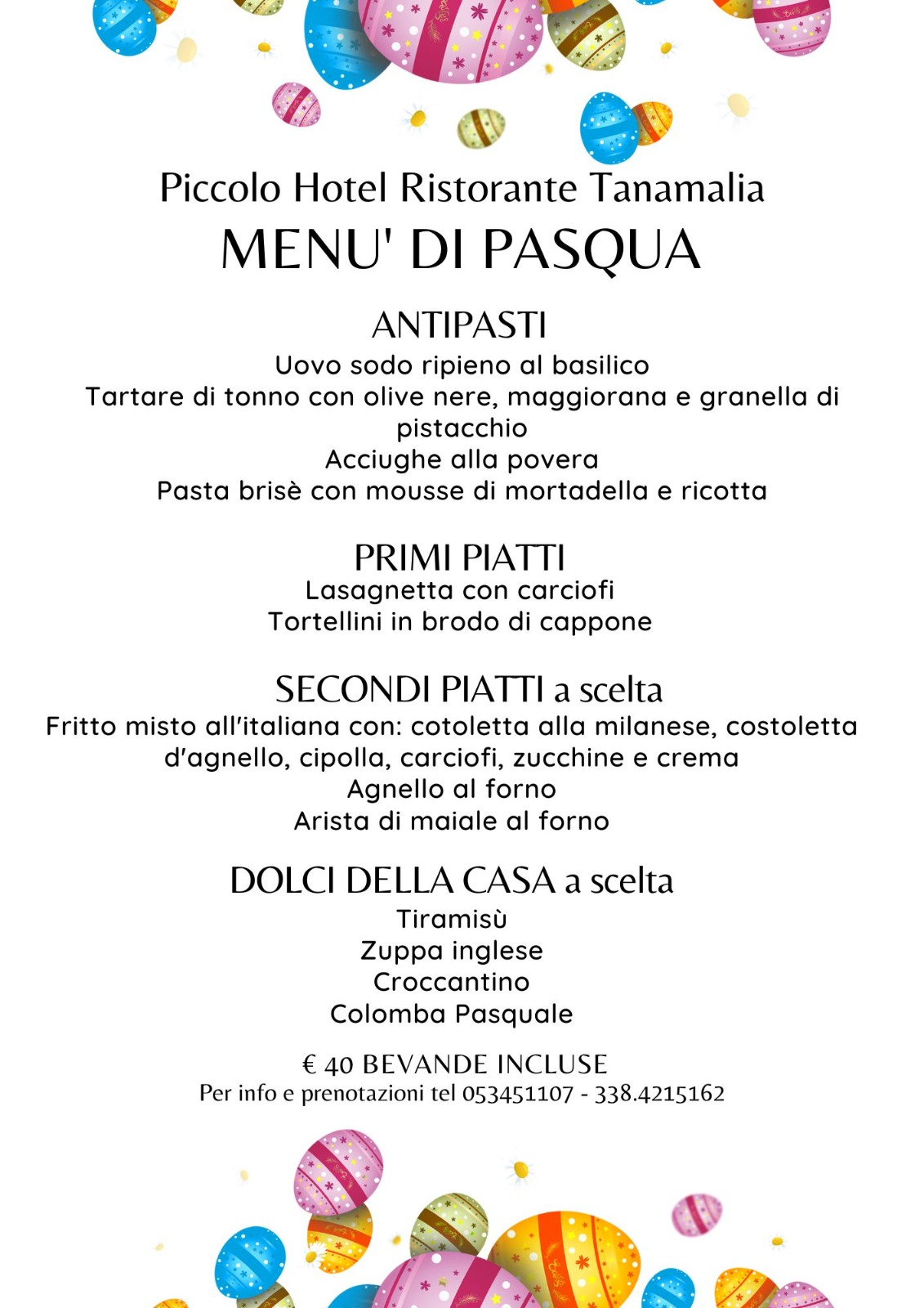 Menù di Pasqua Piccolo Hotel Tanamalia