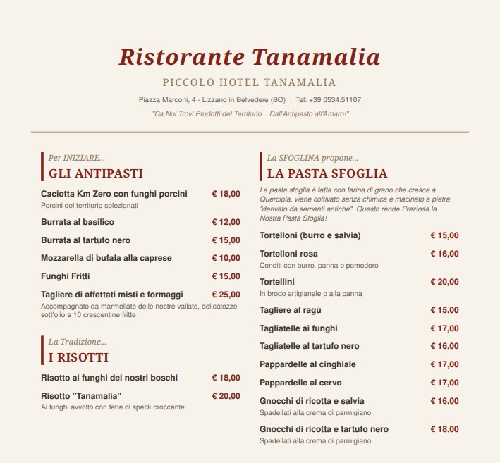 Menù ristorante Tanamalia