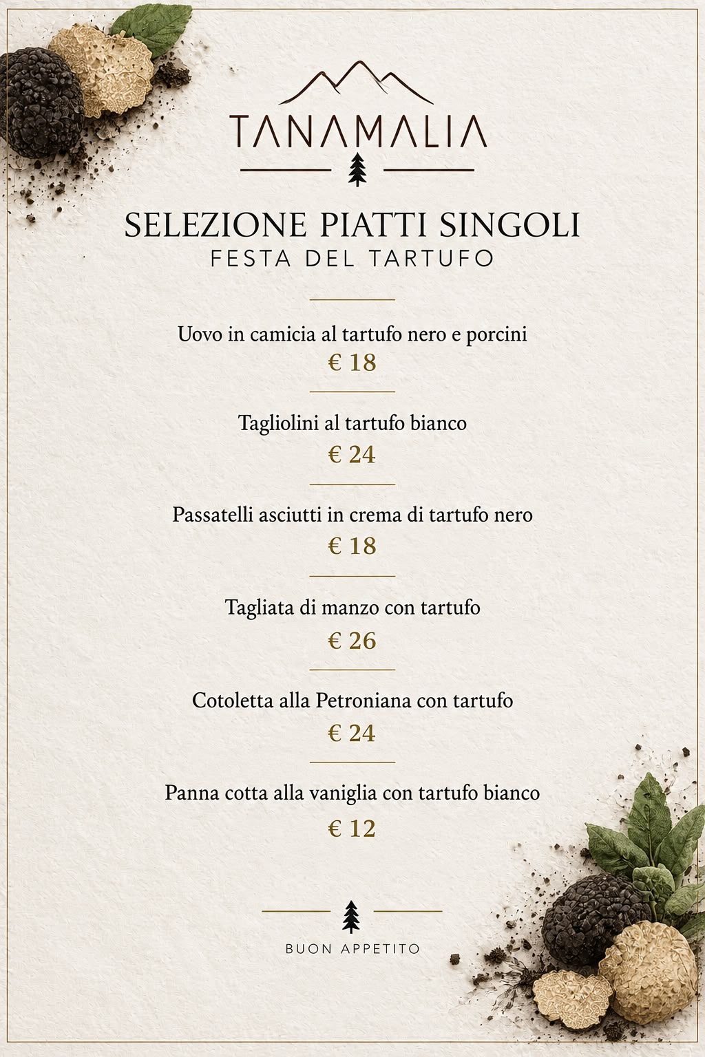 Menù Piatti Singoli Ristorante Tanamalia - Tartufesta 2026 Lizzano in Belvedere